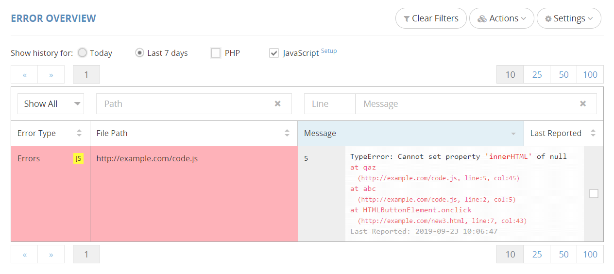 JavaScript error reporting example